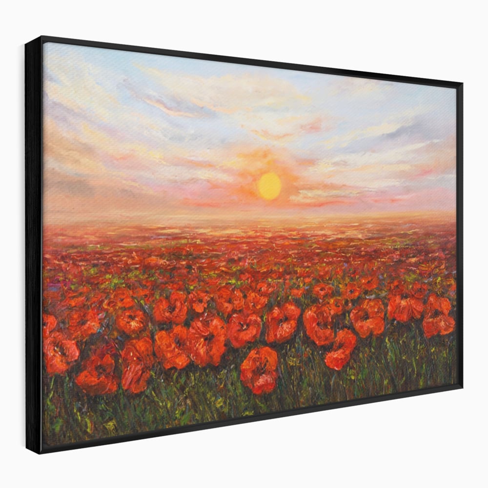 Tablou canvas cu pictura camp cu maci, in rama de aluminiu negru